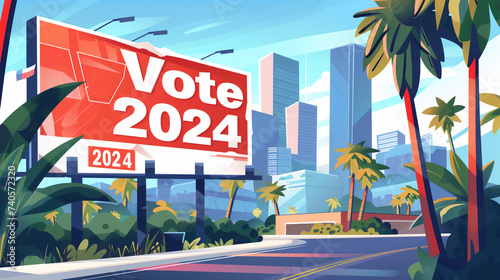 "Vote 2024"と大きな看板に書かれているイラスト。ロスアンゼルスのような風景