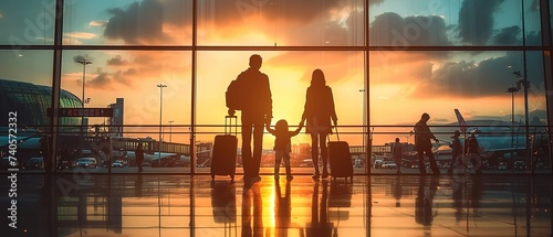 Silhouette of young family waiting for their flight in the airport. Tourists waiting at terminal.