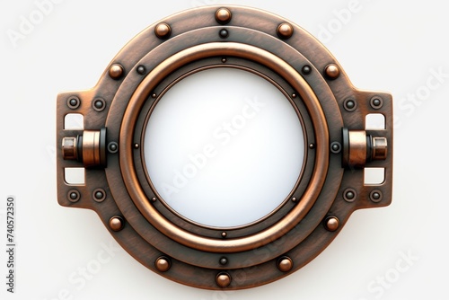 A metal porthole against a plain white background. Ideal for nautical or industrial concepts