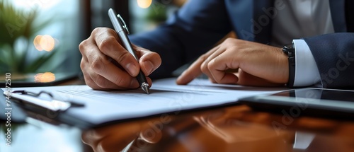 Closeup photo of businessman signing documents. Businessman doing paperwork at desk.