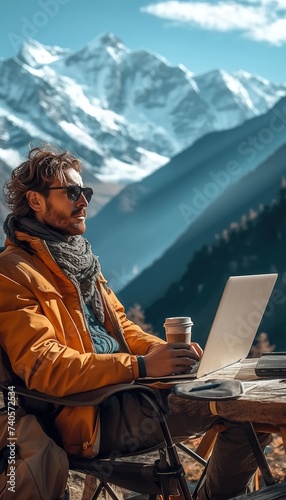 Man working in laptop with a mountain view. Man sitting in the nature and working in laptop.