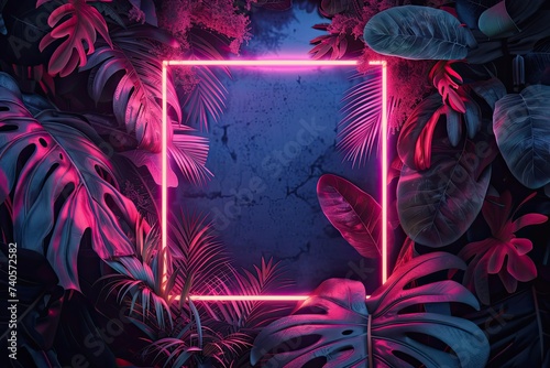 Neon square frame surrounded by exotic tropical leaves