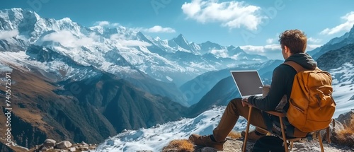 Freelancer working in laptop in the wilderness. Man working in computer with mountain view.