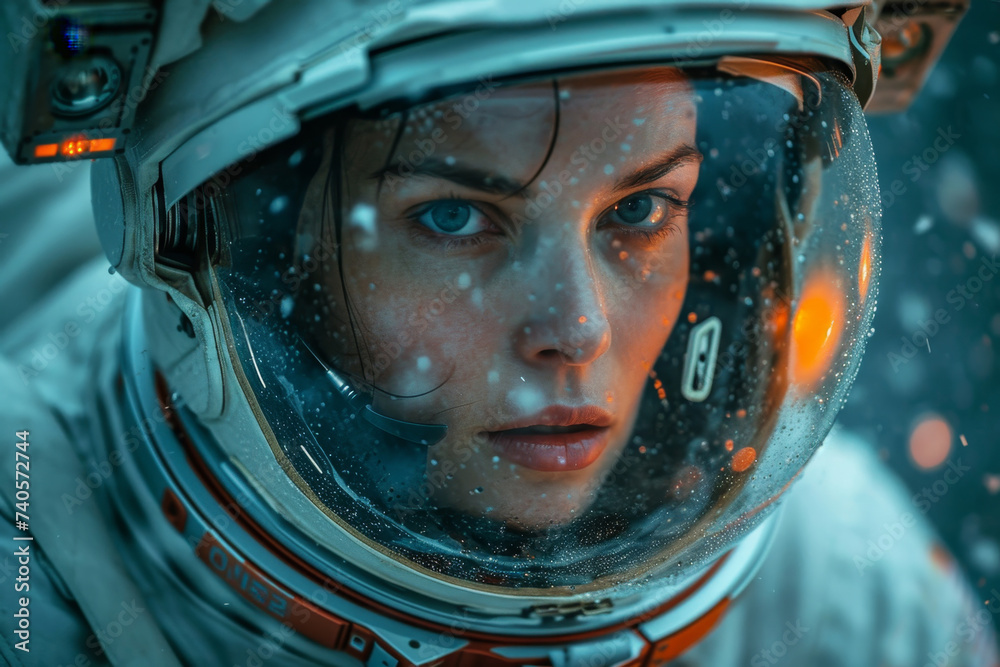 Portrait of a female astronaut. The concept of space flights