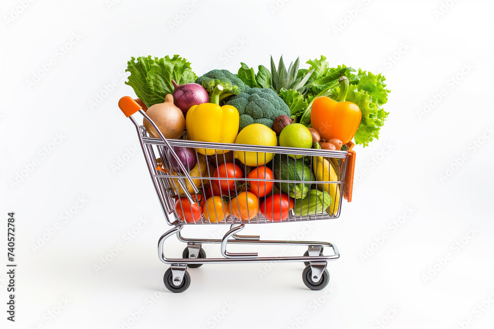A shopping cart filled with fresh fruits and vegetables, white background, copy space