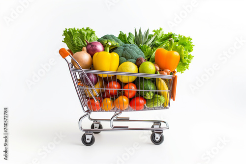 A shopping cart filled with fresh fruits and vegetables, white background, copy space