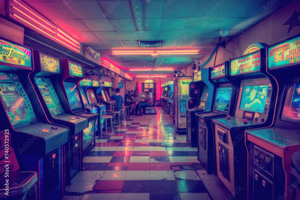 A vintage arcade filled with classic '80s games, vibrant and nostalgic