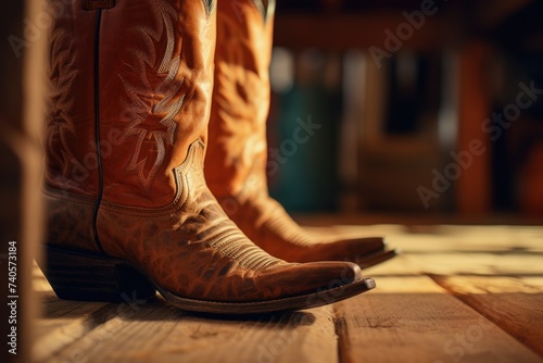 Pair of cowboy boots on rustic wooden floor, ideal for western-themed designs photo