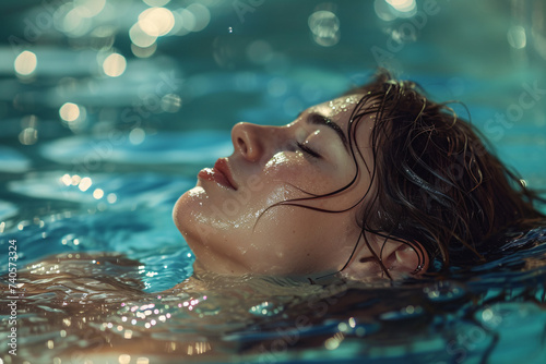 Woman partially submerged in water with wet hair