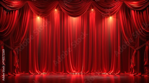 Modern theater stage with red curtain and bright lights. Red curtains with bright lights for concert