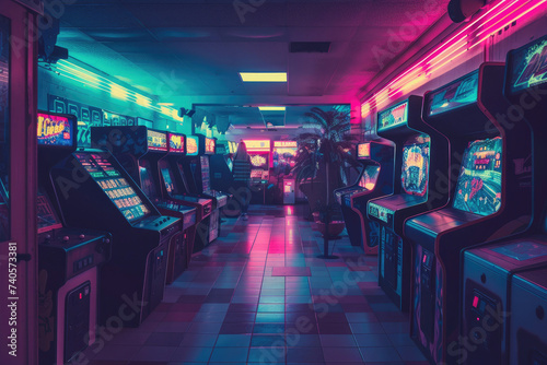 A vintage arcade filled with classic '80s games, vibrant and nostalgic
