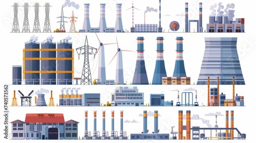 Various types of factory and power stations generating electricity. Colored flat  illustration isolated on white. photo
