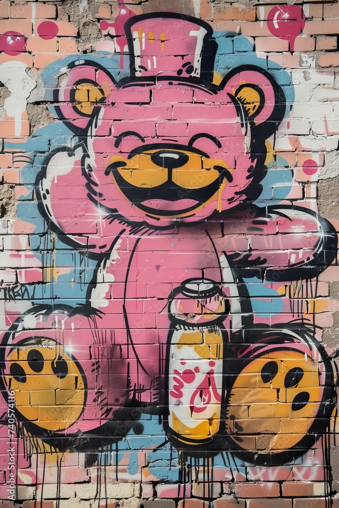 Spray painted  illustration of a happy graffiti slogan with a bear doll