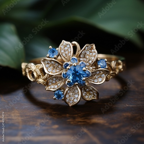 a gold ring with blue gems on it