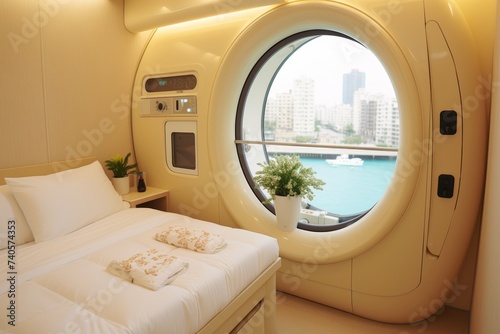 Cozy capsule hotel room interior design, tiny bedroom in modern hostel accommodation