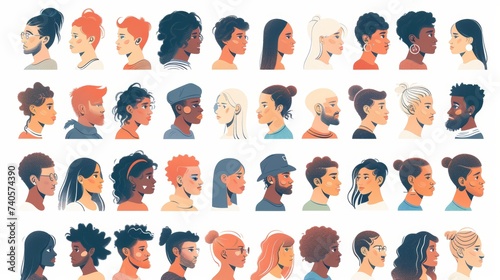 An illustration set of men's and women's faces. Avatars for young and old people of different ages and races. Flat illustrations isolated on white.