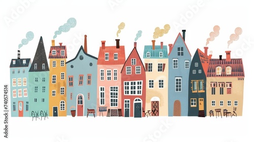 Scandinavian houses and buildings with home exteriors, Scandi architecture. Smokey urban streets and chimneys. Flat  illustration isolated on white. photo