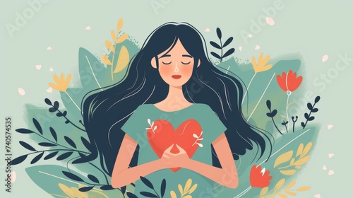 A woman with a kind heart feels self love, bliss, harmony, and positive emotion. A happy calm peaceful girl volunteer. Care, humanity, self-help, and peace concept. Colored flat illustration.