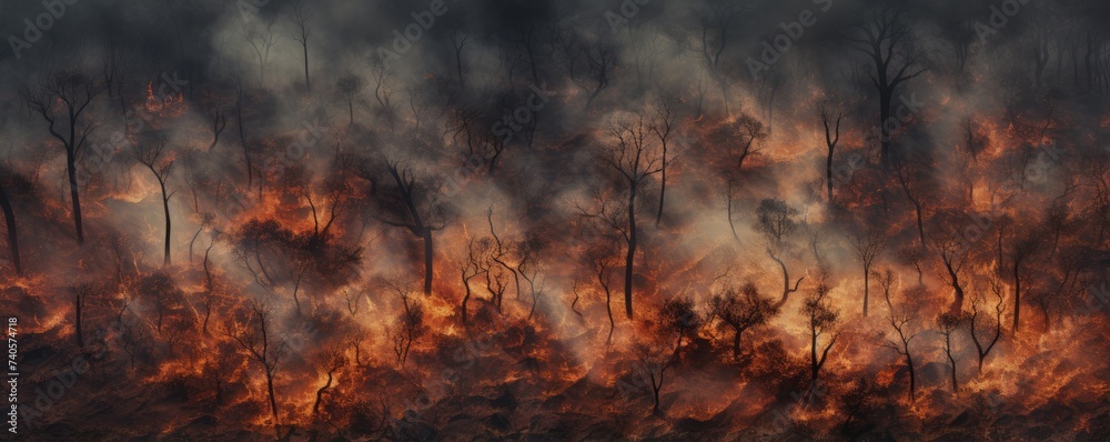 Hot summer weather with extreme fire in forests, aerial view over car road, banner. Generative Ai. Hot summer weather with extreme fire in forests, aerial view over car road, banner. Generative Ai.