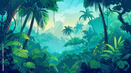 Landscape of a tropical jungle from a perspective of a vast expanse of dense forest with palms and lianas. Global color pattern of lush vegetation in a lush tropical rainforest. Colored flat