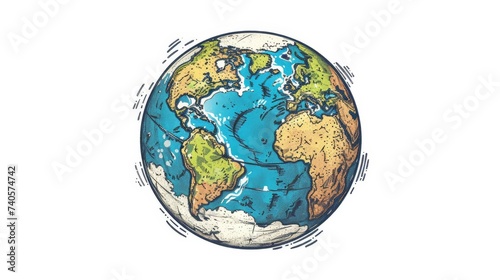 Doodle style Earth globe featuring continents and oceans. Colored flat illustration isolated on white.
