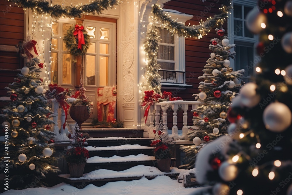 Festive house with Christmas lights and decorations. Perfect for holiday designs