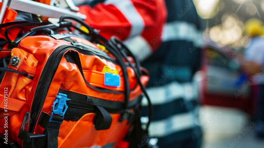 A focused shot of an emergency medical services backpack.