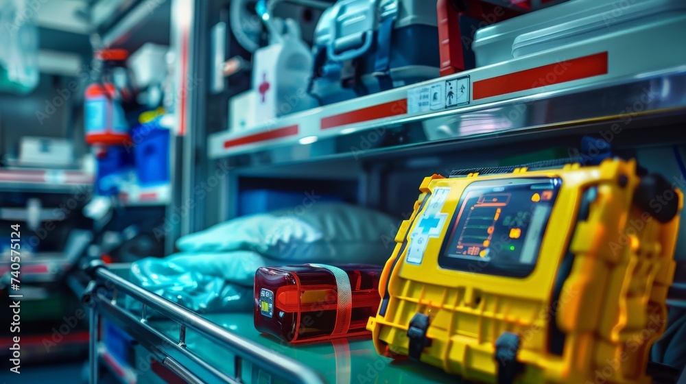 A defibrillator and other emergency medical equipment on a rescue ...