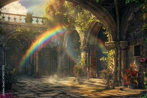 vibrant rainbow arcs gracefully through a weathered stone archway  casting a colorful spectrum of light onto the ground below