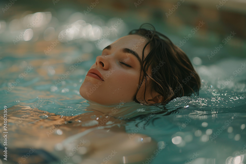Fototapeta premium Serene woman floating in pool with a tranquil expression