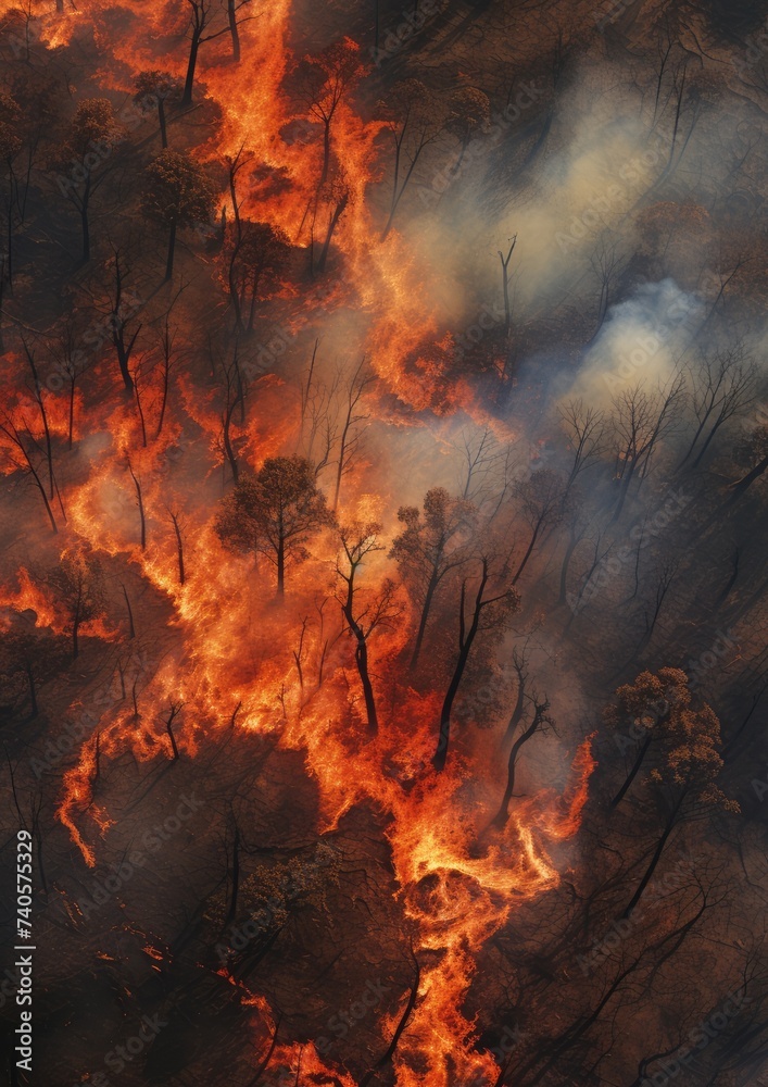 Hot summer weather with extreme fire in forests, aerial view over car road Generative Ai. Hot summer weather with extreme fire in forests, aerial view over car road Generative Ai.