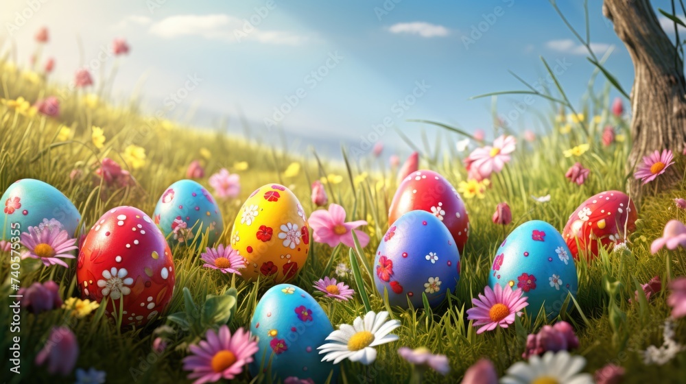 Colorful Easter eggs scattered in a field of flowers. Perfect for Easter holiday concepts Colorful Easter eggs scattered in a field of flowers. Perfect for Easter holiday concepts