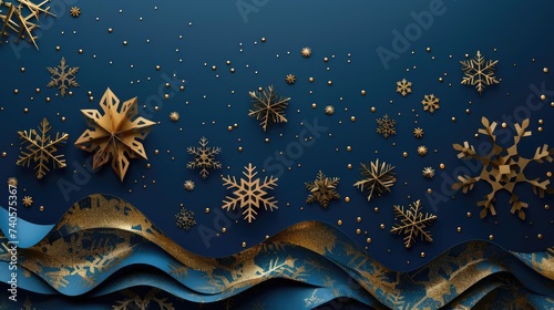 Winter background, Gold and navy snowflakes. Generative ai