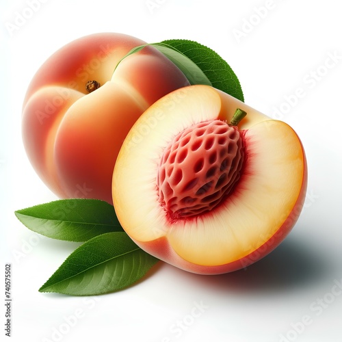 One and half peaches on white background