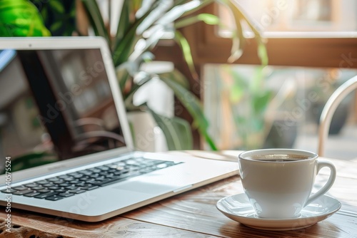Laptop with a hot cup of coffee on a wooden table with plant background.