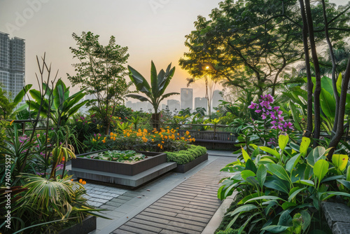 A rooftop garden in the city at dawn, peaceful and lush © Venka