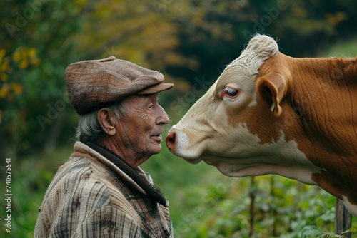 Vieil agriculteur avec sa vache dans un champ    IA g  n  rative