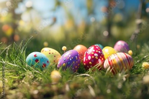 Colorful Easter eggs laying in the grass, perfect for Easter holiday designs