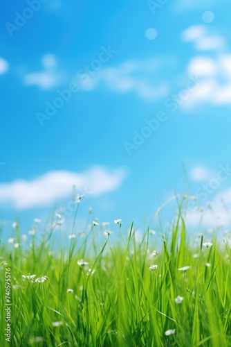 A beautiful field of green grass and white flowers under a clear blue sky. Perfect for nature or spring-themed designs
