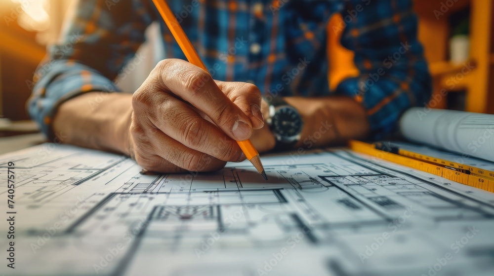 Close-up of an architect's hand drafting detailed blueprints. Close-up of an architect's hand drafting detailed blueprints.