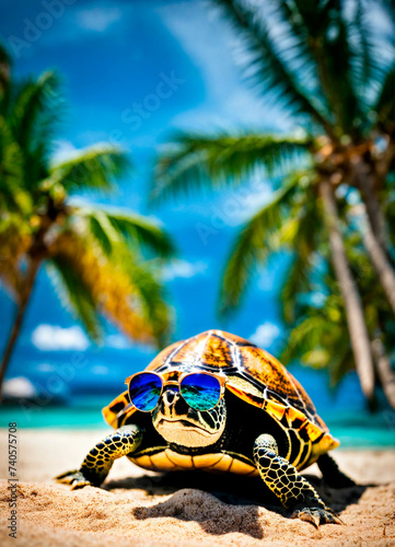 turtle with glasses on a background of palm trees. Selective focus.