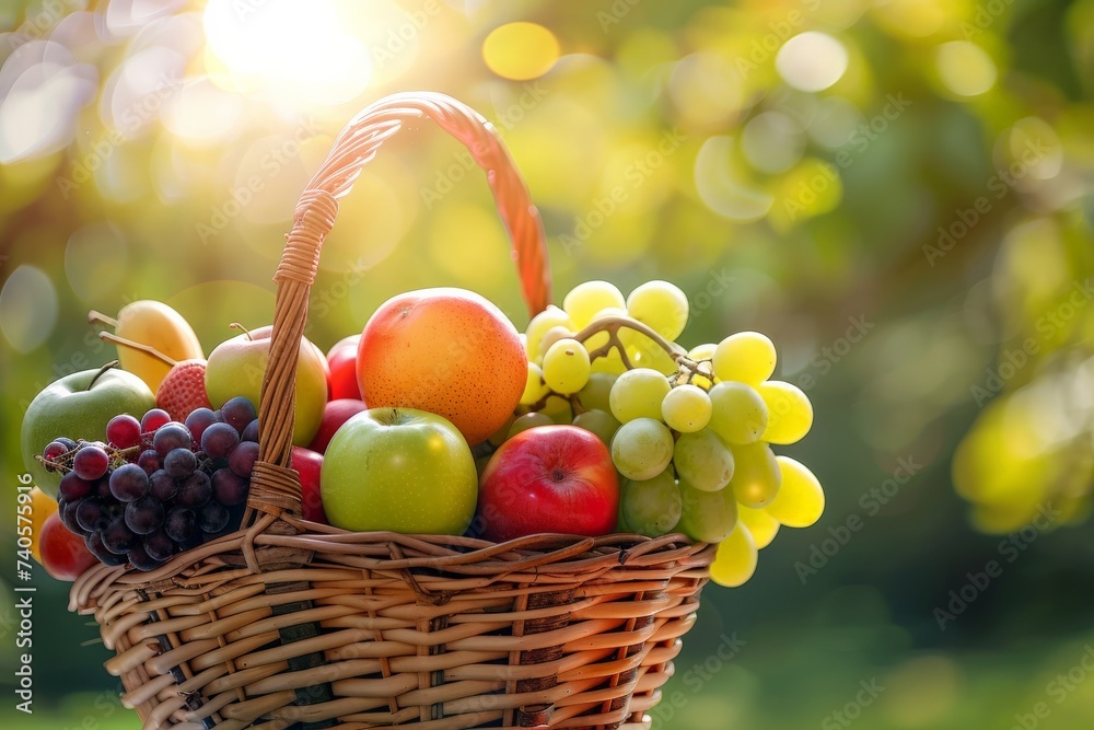Basket of assorted fresh fruits in sunlight with nature backdrop. Basket of assorted fresh fruits in sunlight with nature backdrop.
