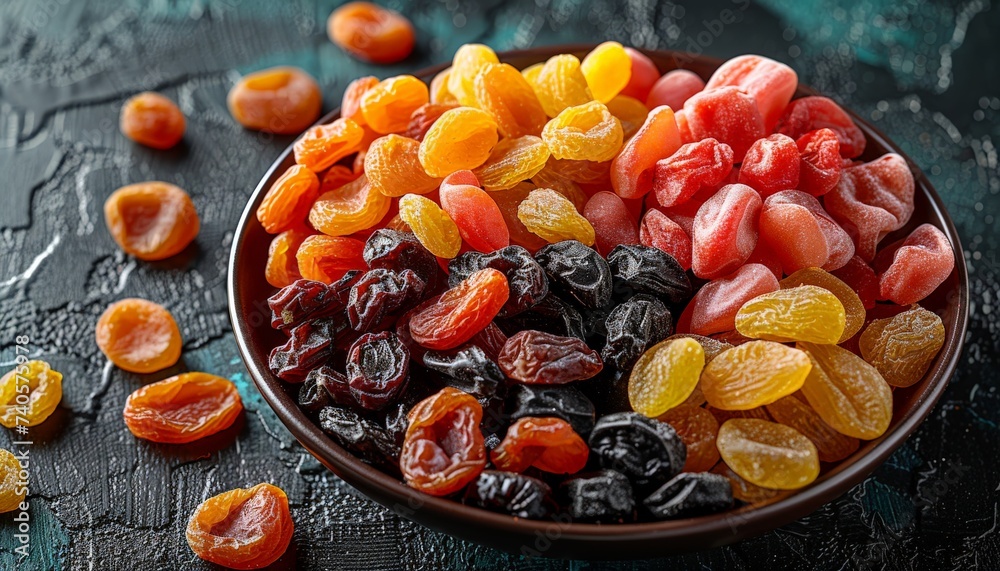 Colorful bowl of mixed dried fruits on a dark background. Colorful bowl of mixed dried fruits on a dark background.