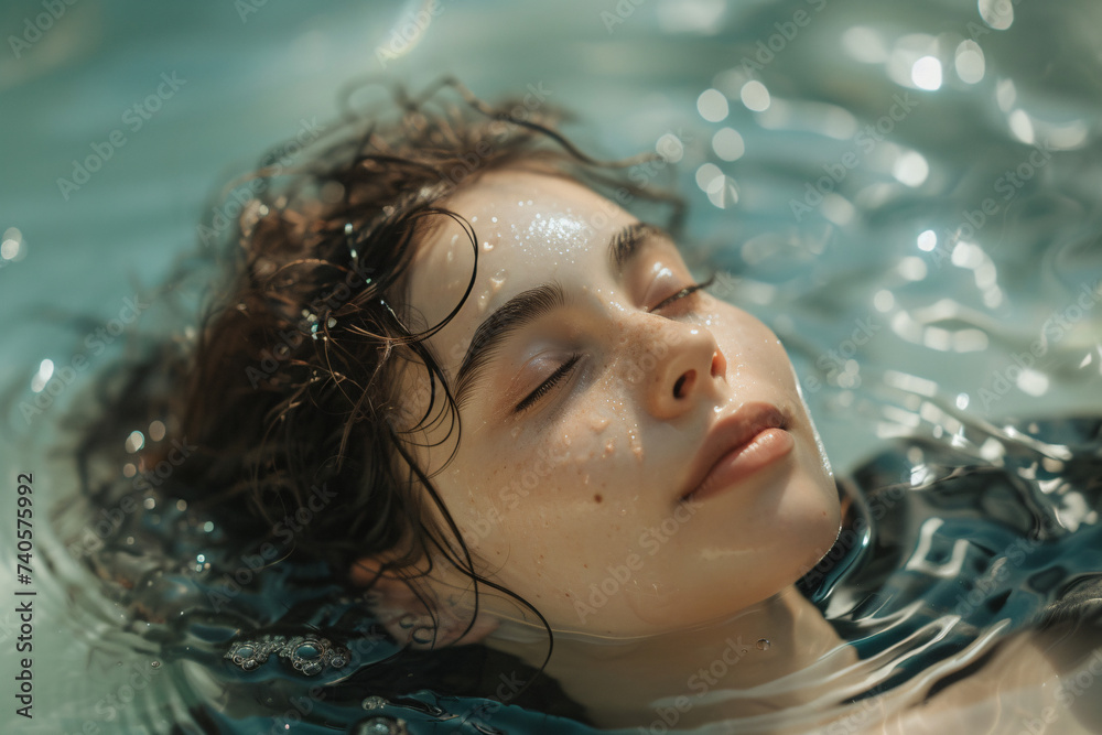 Relaxed woman with wet hair floating in clear water
