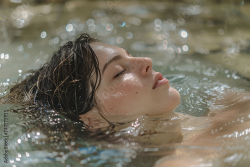 Woman floating peacefully in sunlit water