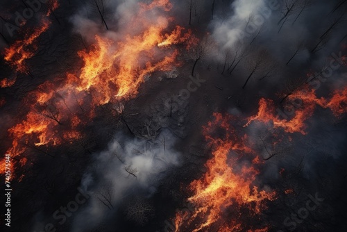 Hot summer weather with extreme fire in forests  aerial view over car road Generative Ai.