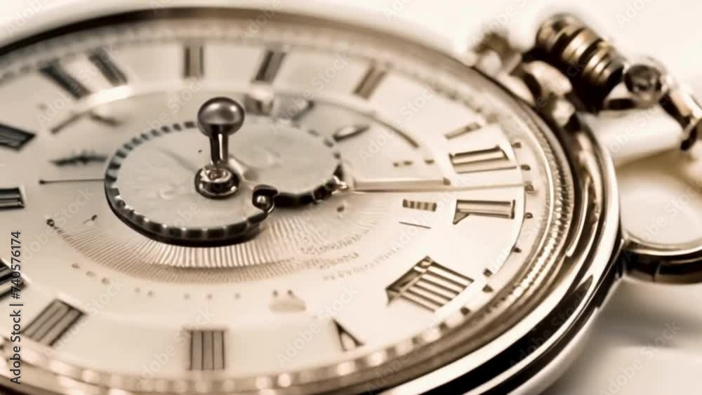 An antique pocket watch as its gears rotate and hands move, showcasing its shiny silver hue in striking juxtaposition to a simple white backdrop. An antique pocket watch as its gears rotate and hands move, showcasing its shiny silver hue in striking juxtaposition to a simple white backdrop.