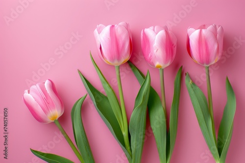 Vibrant pink tulips arranged beautifully against a pink background.