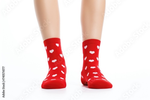 Pair of red socks with white hearts pattern. Perfect for Valentine's Day gifts