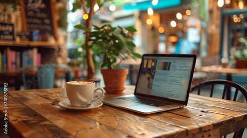 Warm and inviting cafe atmosphere with a laptop open on a wooden table next to a cup of coffee.